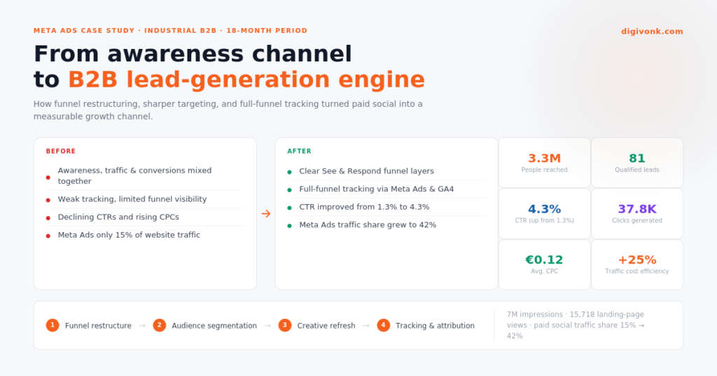 Visual summary of a Digivonk Meta Ads case study showing how an industrial B2B advertiser moved from an awareness channel to a B2B lead-generation engine, reaching 3.3M people, generating 37.8K clicks and 81 qualified leads, improving CTR to 4.3%, and reducing average CPC to €0.12.