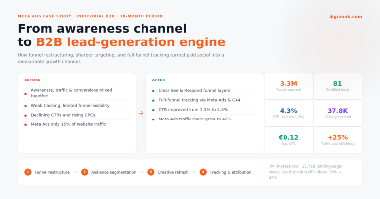 Visual summary of a Digivonk Meta Ads case study showing how an industrial B2B advertiser moved from an awareness channel to a B2B lead-generation engine, reaching 3.3M people, generating 37.8K clicks and 81 qualified leads, improving CTR to 4.3%, and reducing average CPC to €0.12.
