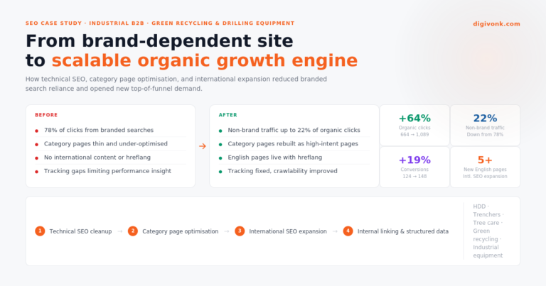 B2B SEO case study visual showing how technical SEO, category page optimisation, and international expansion helped a green recycling and drilling equipment site grow organic clicks by 64%, reach 22% non-brand traffic, and increase conversions by 19%.